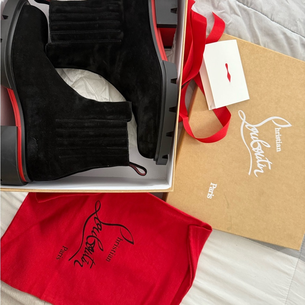 Christian Louboutin Black Suede Ankle Boots with Red Soles